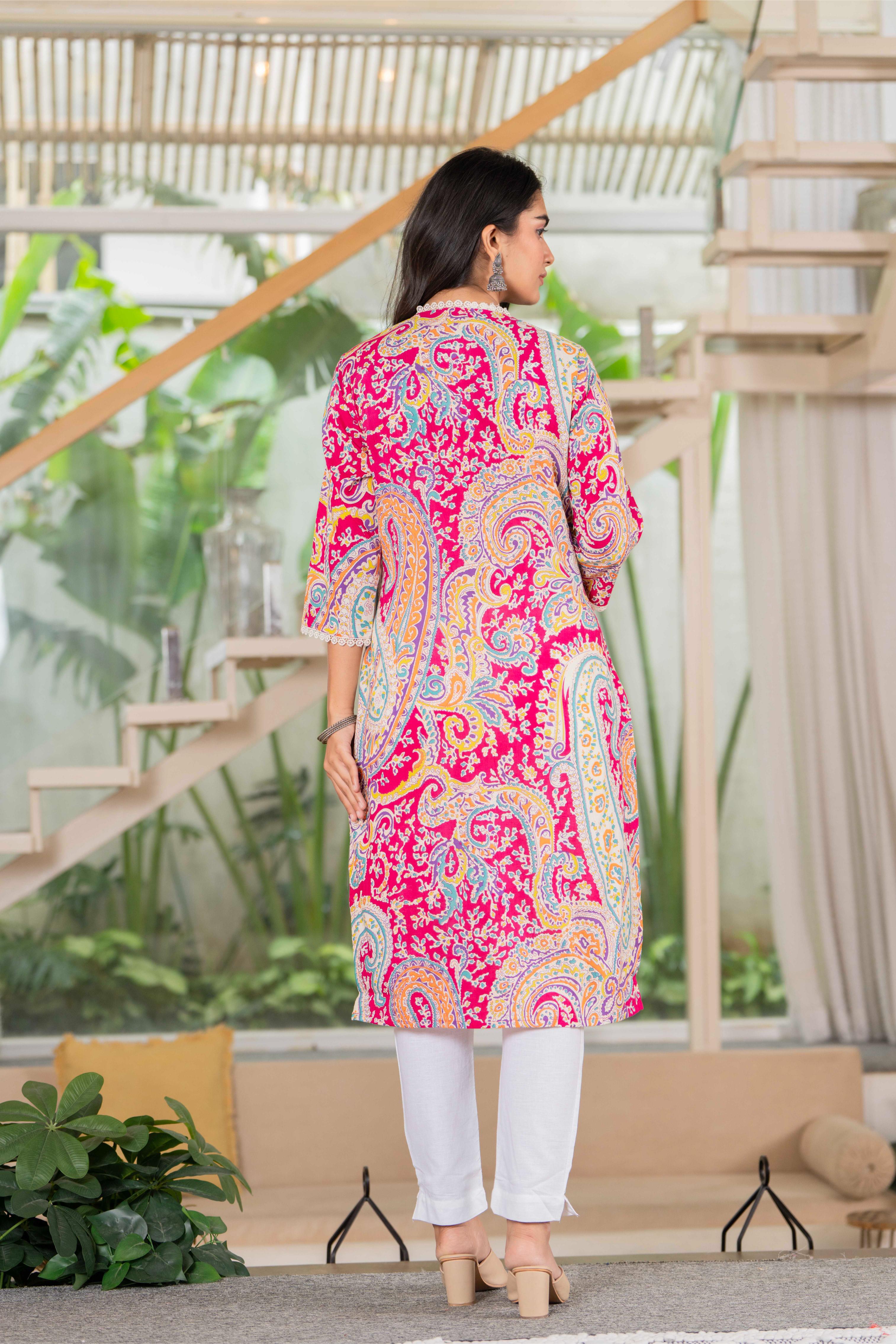Radiant Fuchsia Paisley Lace Cotton Kurta