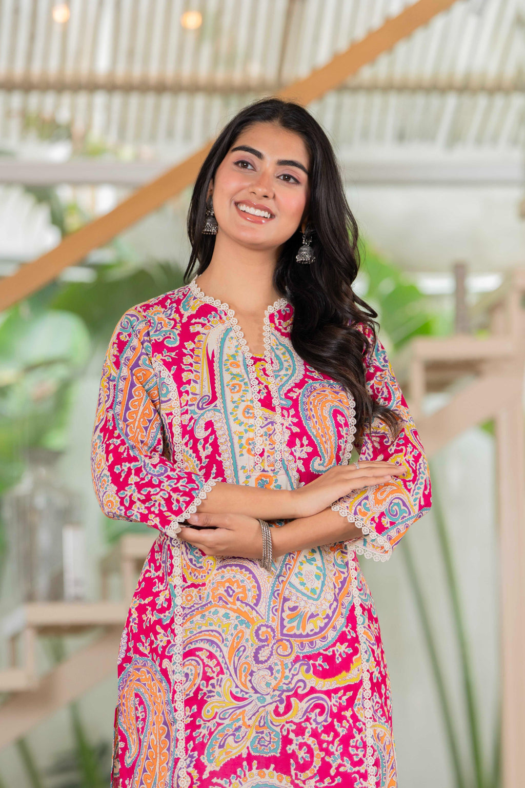 Radiant Fuchsia Paisley Lace Cotton Kurta