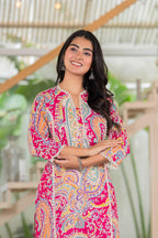 Radiant Fuchsia Paisley Lace Cotton Kurta