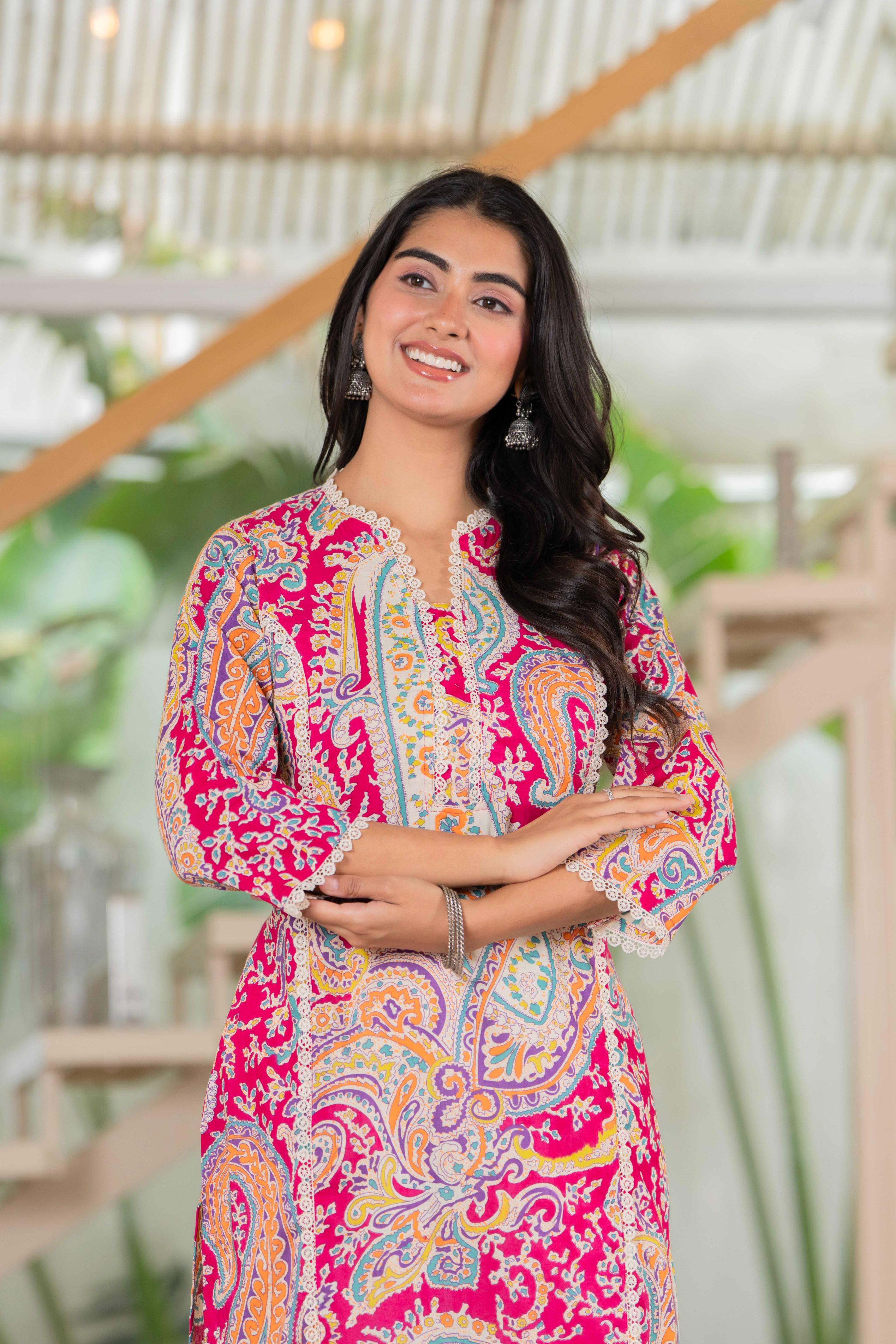 Radiant Fuchsia Paisley Lace Cotton Kurta
