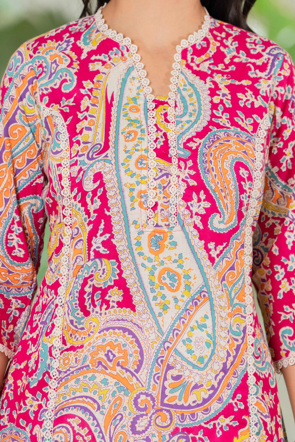 Radiant Fuchsia Paisley Lace Cotton Kurta