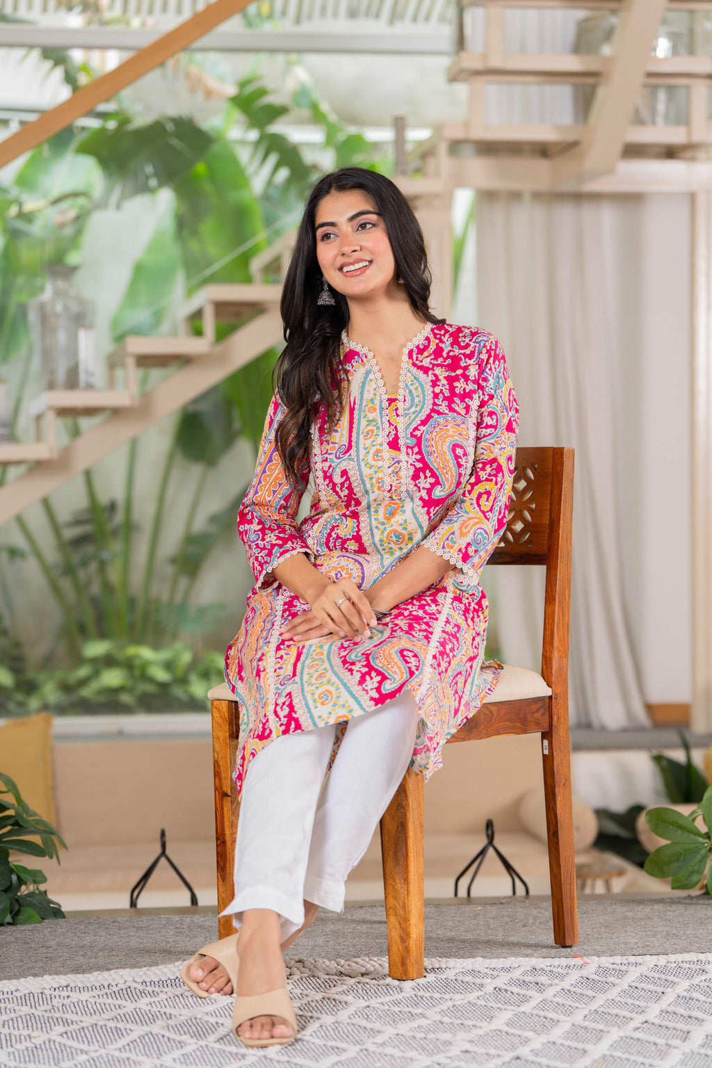 Radiant Fuchsia Paisley Lace Cotton Kurta