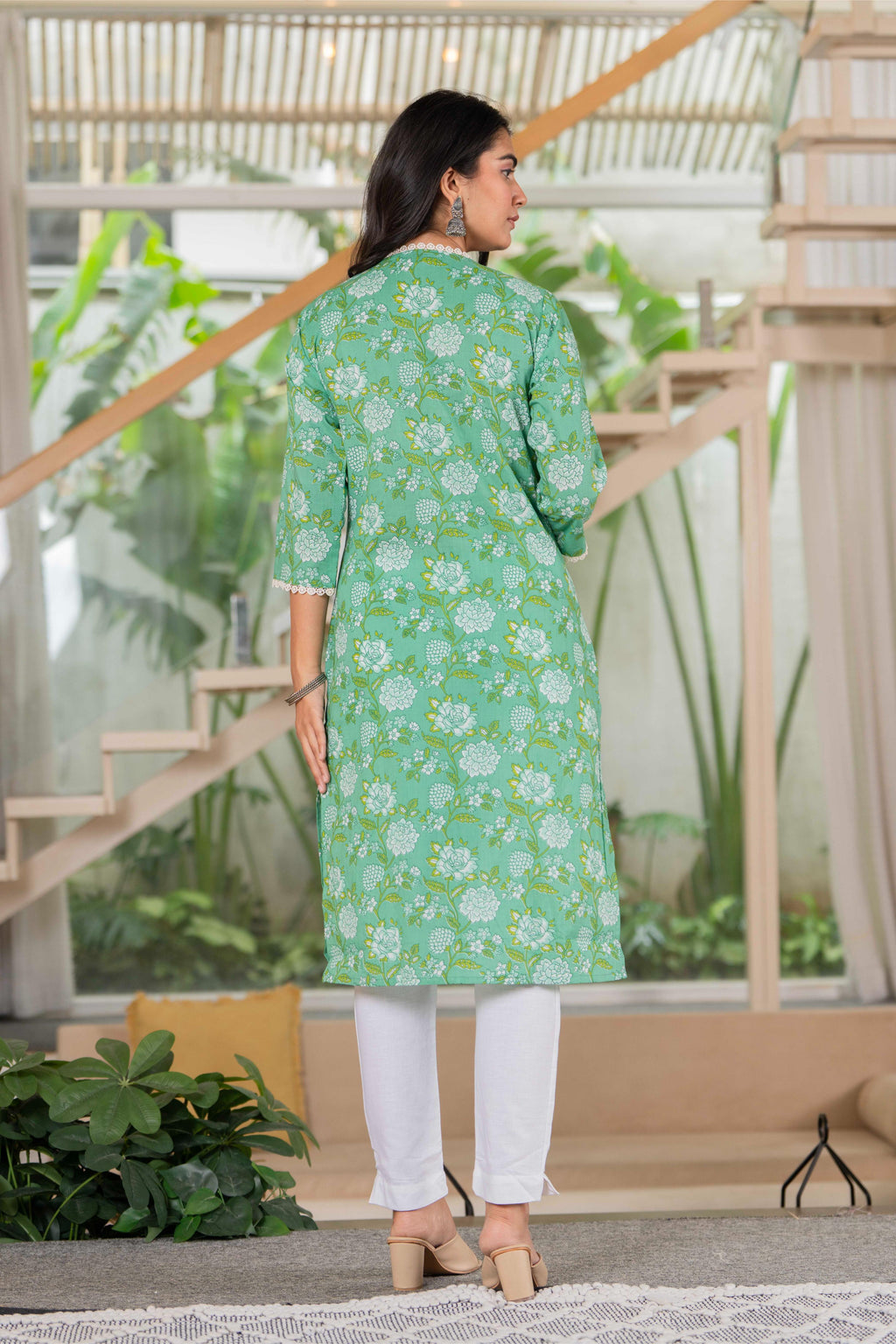Emerald Meadow Floral Lace Cotton Kurta