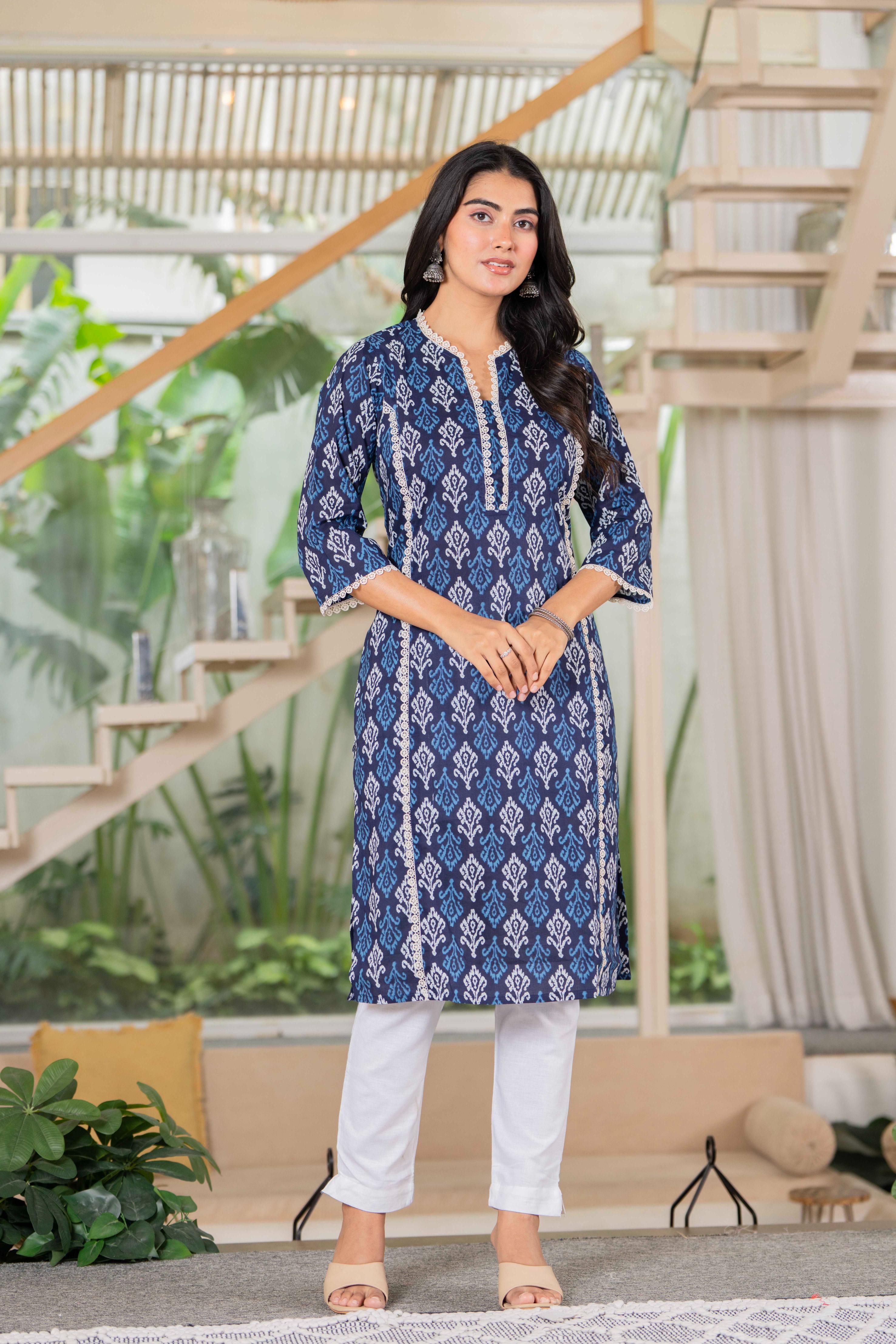 Midnight Indigo Ikat Lace Cotton Kurta