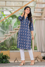 Midnight Indigo Ikat Lace Cotton Kurta