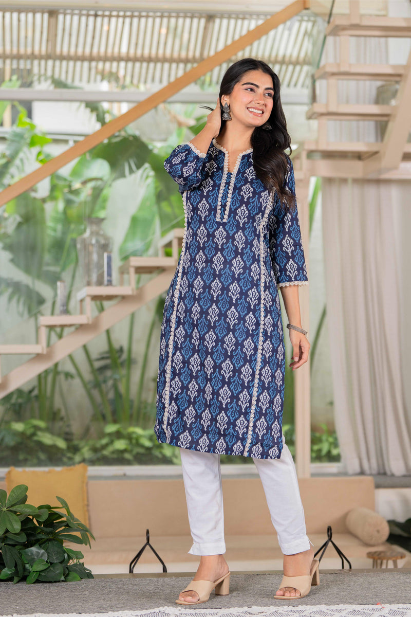 Midnight Indigo Ikat Lace Cotton Kurta