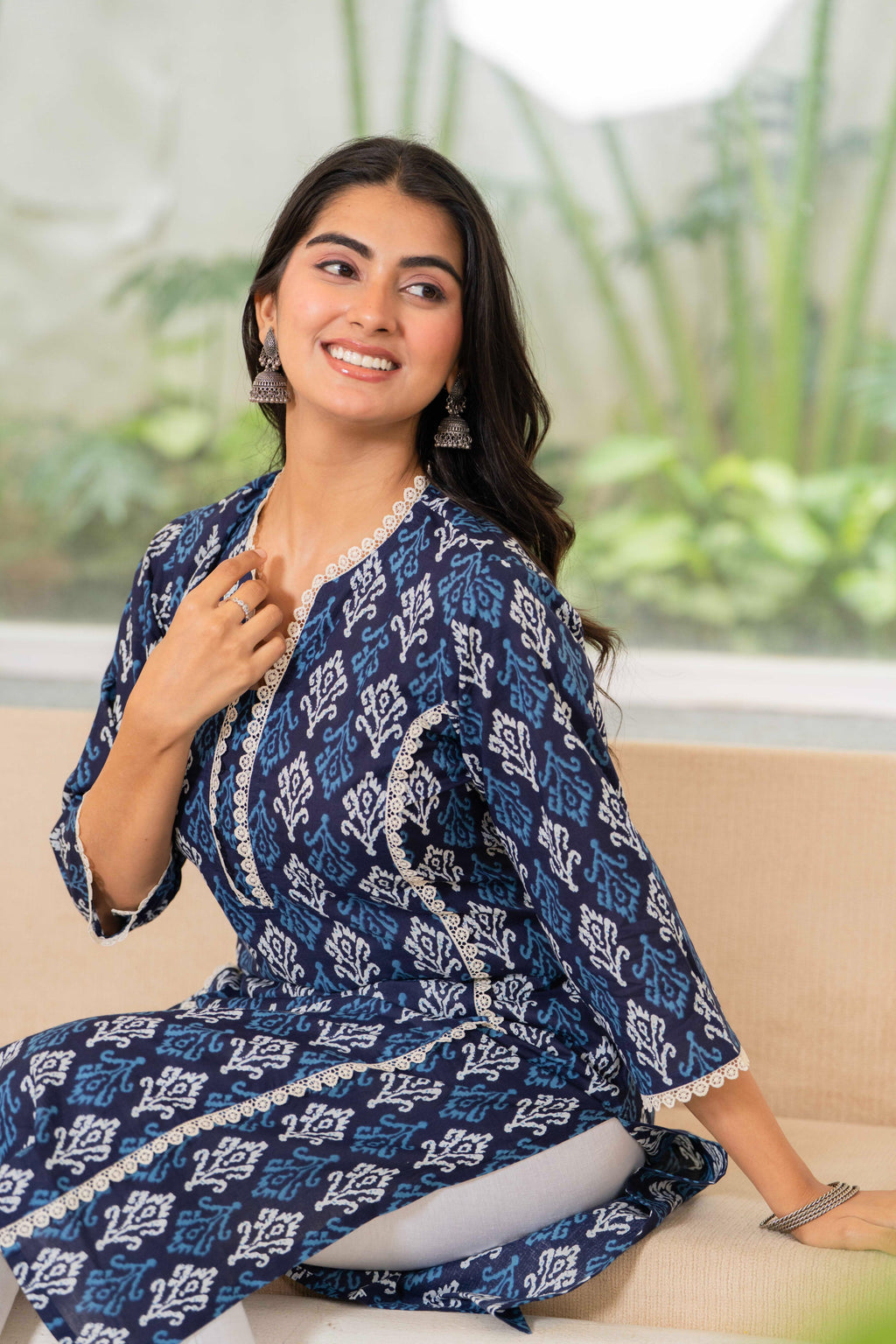 Midnight Indigo Ikat Lace Cotton Kurta