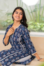 Midnight Indigo Ikat Lace Cotton Kurta