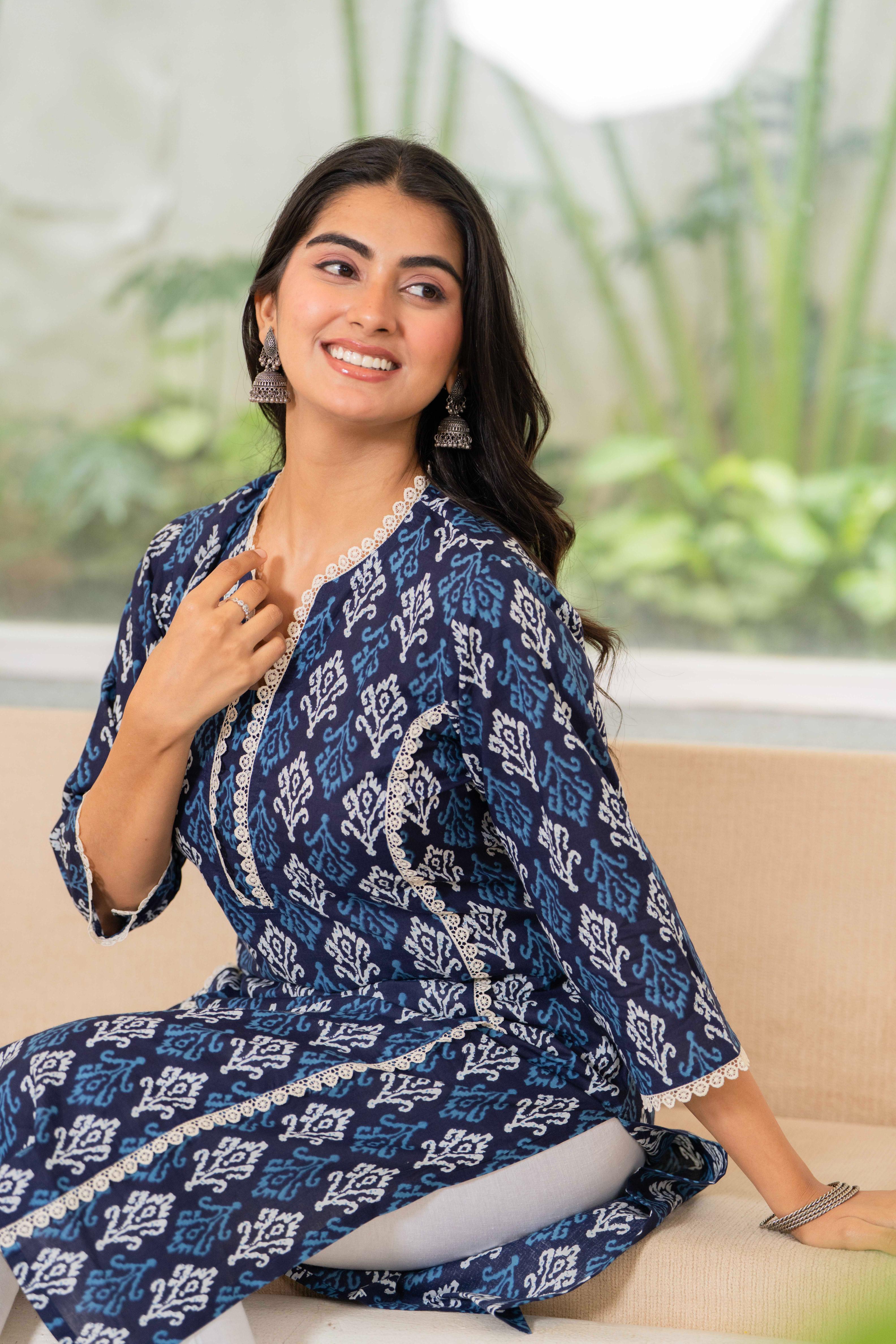 Midnight Indigo Ikat Lace Cotton Kurta
